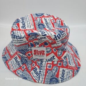 Budweiser Reversible Bucket Hat Blue Red White Label Print All Over Logo Hat